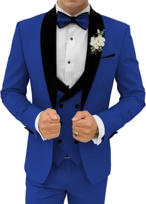 3 Piece Mens Tuxedo Suit Set Double Breasted Suit Men Slim Fit Tuxedo Suits with Bow for Groom Wedding Prom