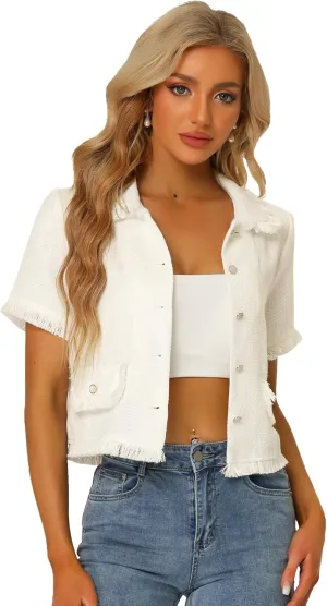 Allegra K Women's Tweed Shirt with Tassel Cropped Length Summer Short Sleeve Shirt