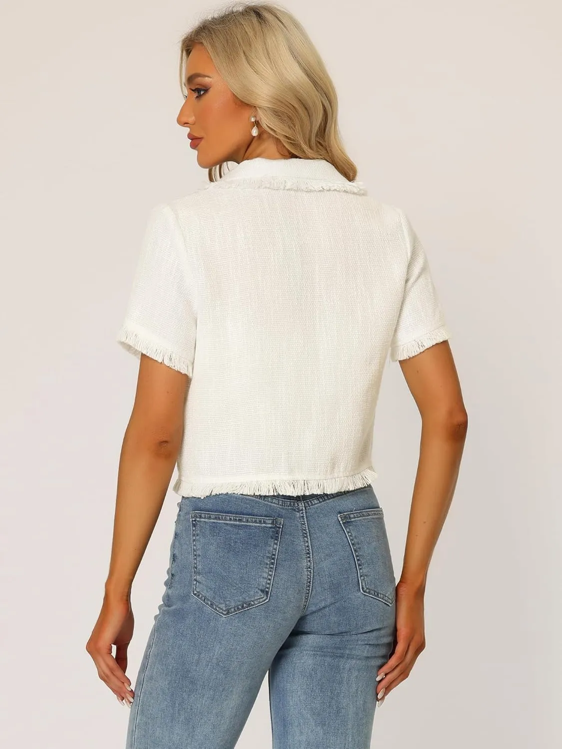 Allegra K Women's Tweed Shirt with Tassel Cropped Length Summer Short Sleeve Shirt