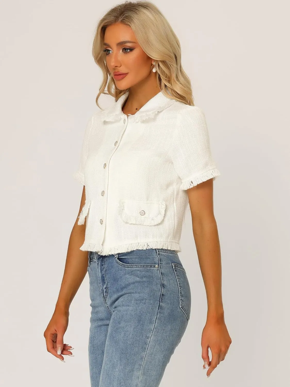 Allegra K Women's Tweed Shirt with Tassel Cropped Length Summer Short Sleeve Shirt