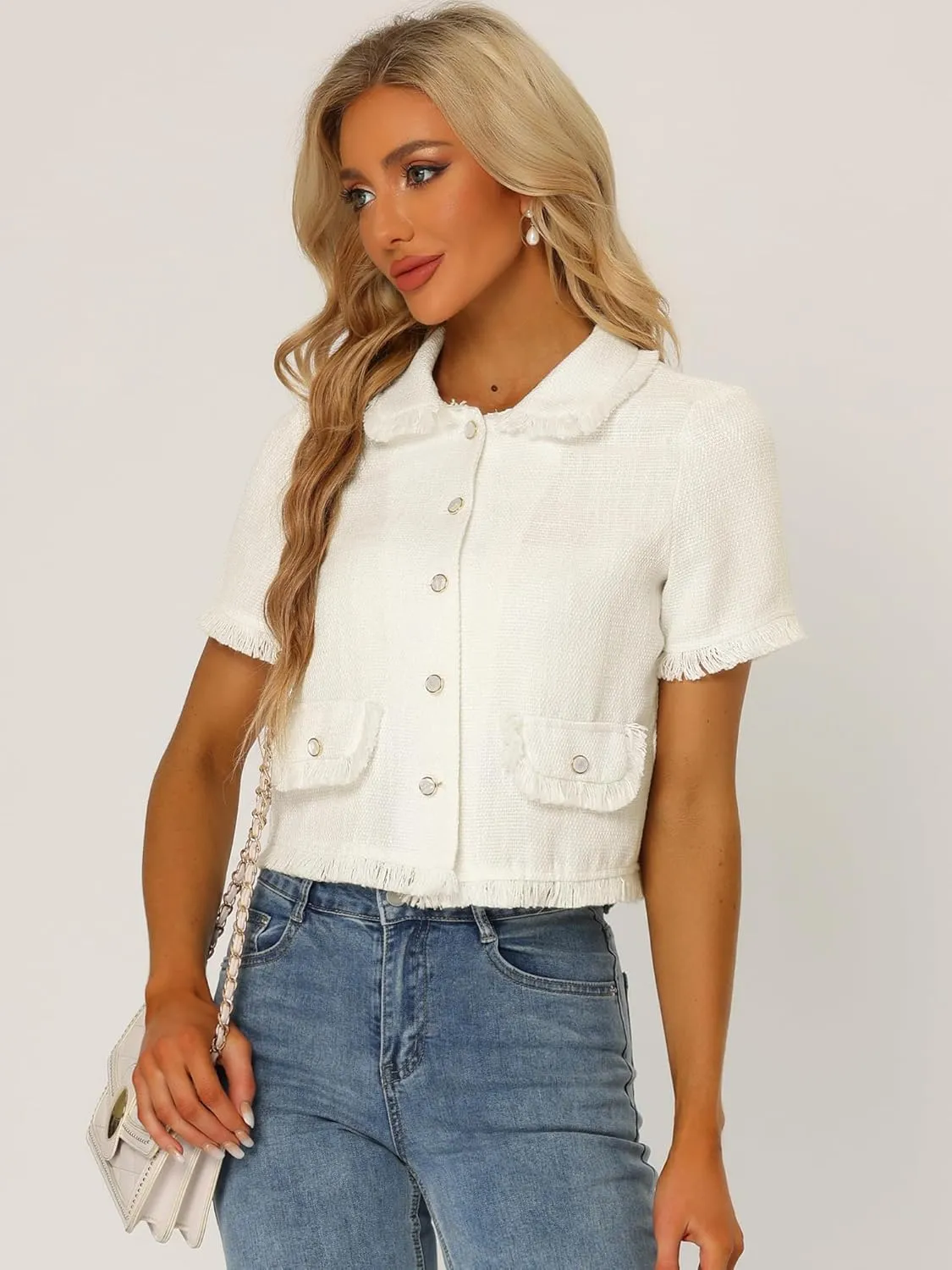 Allegra K Women's Tweed Shirt with Tassel Cropped Length Summer Short Sleeve Shirt