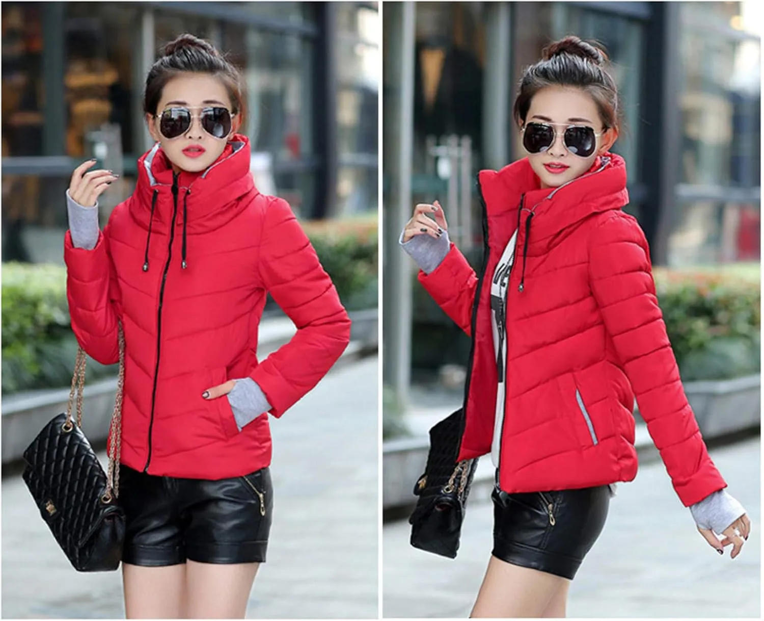 Andongnywell Women Parka Jacket Warm Stand Collar Cotton Quilted Down Coat Hooded Light Weight Short Down Jacket (Red,Medium)