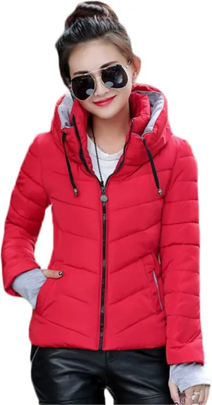 Andongnywell Women Parka Jacket Warm Stand Collar Cotton Quilted Down Coat Hooded Light Weight Short Down Jacket (Red,Medium)