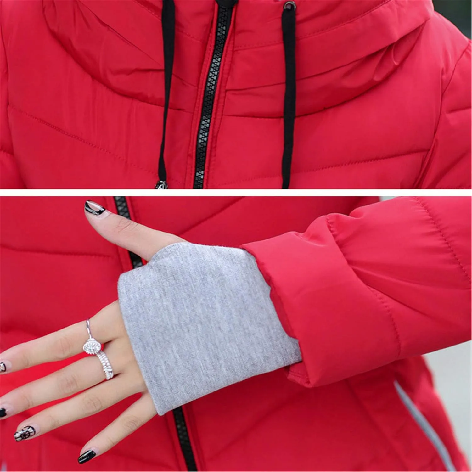 Andongnywell Women Parka Jacket Warm Stand Collar Cotton Quilted Down Coat Hooded Light Weight Short Down Jacket (Red,Medium)