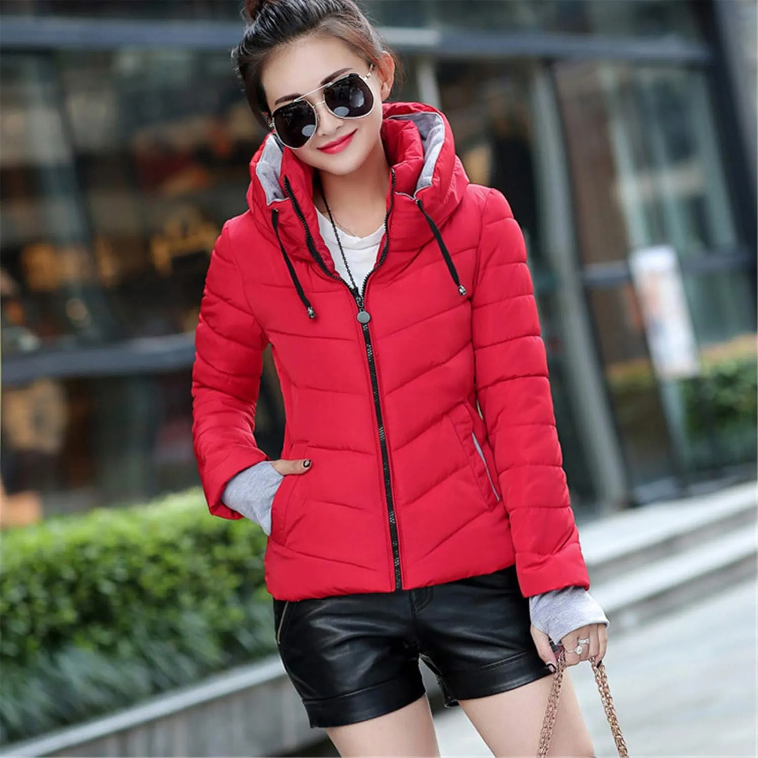 Andongnywell Women Parka Jacket Warm Stand Collar Cotton Quilted Down Coat Hooded Light Weight Short Down Jacket (Red,Medium)