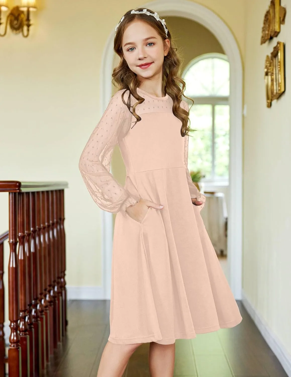 Arshiner Girl's Contrast Mesh Puff Long Sleeve High Waist A Line Short Dress with Pockets for 6-13 Years