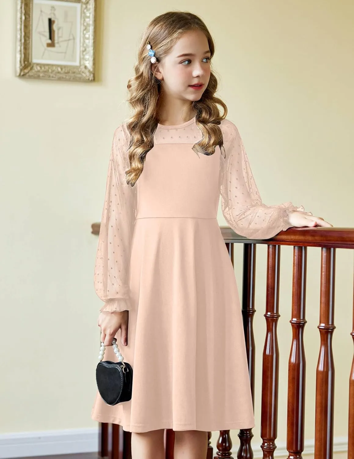 Arshiner Girl's Contrast Mesh Puff Long Sleeve High Waist A Line Short Dress with Pockets for 6-13 Years