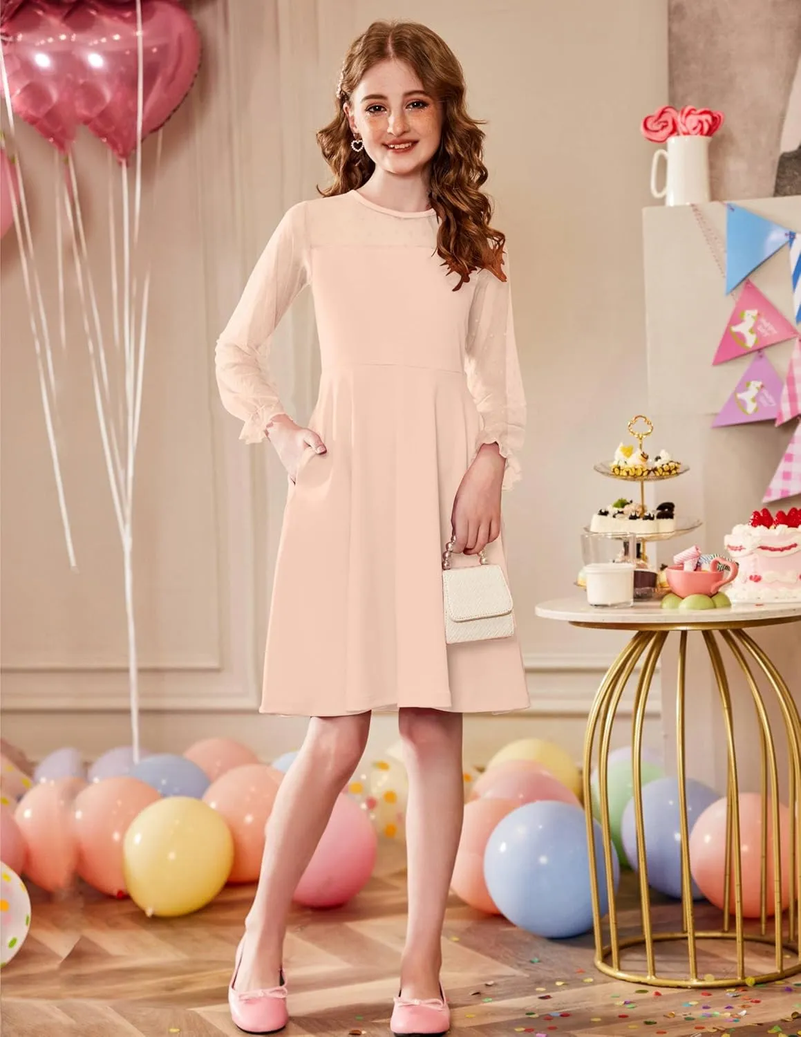 Arshiner Girl's Contrast Mesh Puff Long Sleeve High Waist A Line Short Dress with Pockets for 6-13 Years