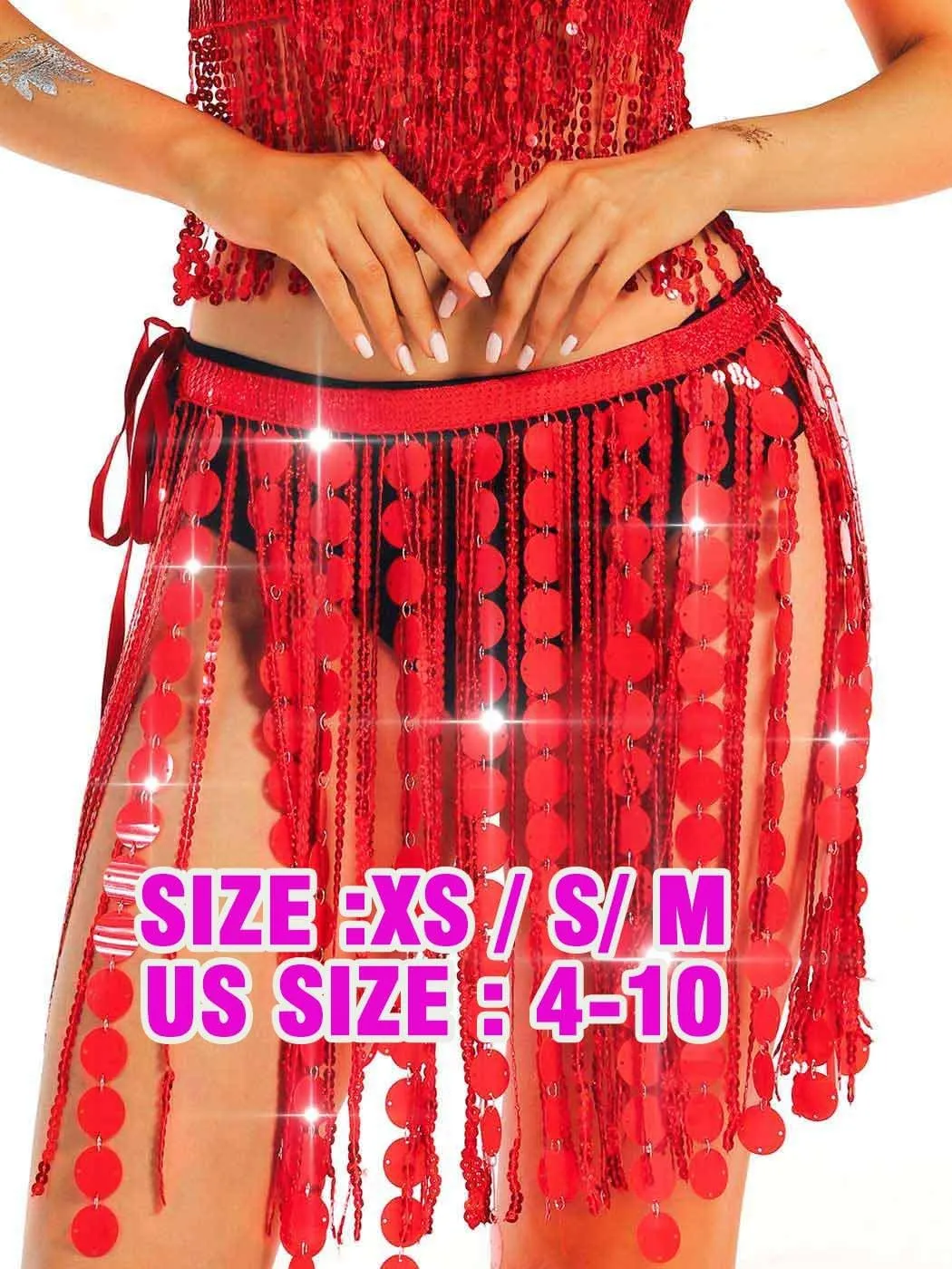 Aukmla Women Sparkly Sequin Belly Dance Skirt Fringe Festival Hip Scarf Dots Tassel Skirts