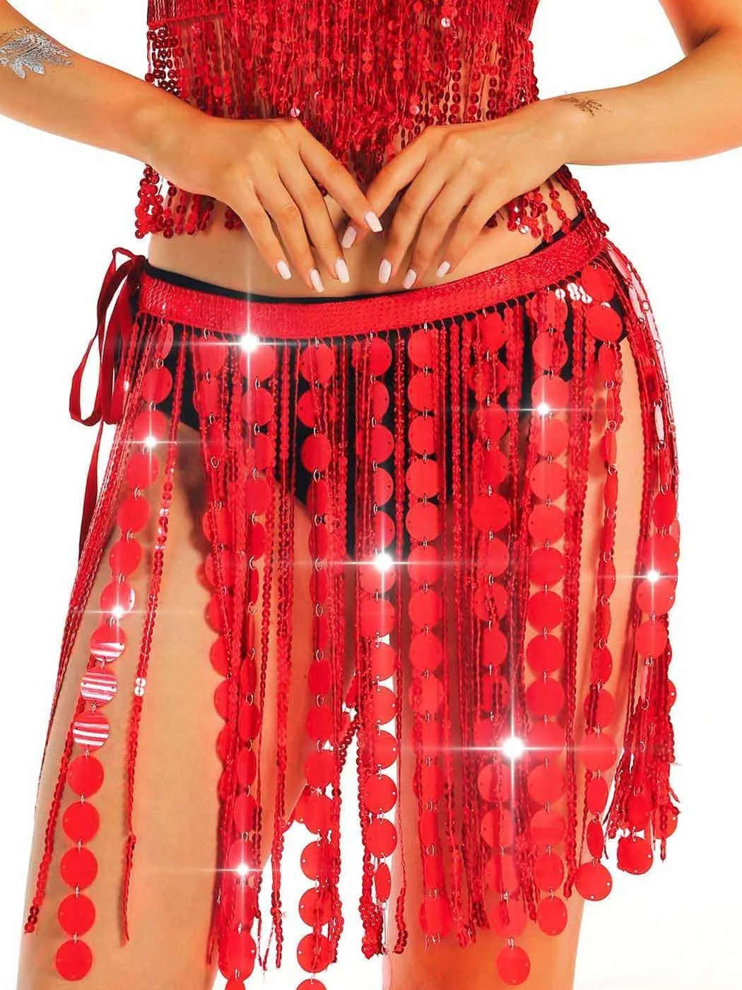 Aukmla Women Sparkly Sequin Belly Dance Skirt Fringe Festival Hip Scarf Dots Tassel Skirts