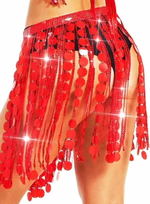 Aukmla Women Sparkly Sequin Belly Dance Skirt Fringe Festival Hip Scarf Dots Tassel Skirts