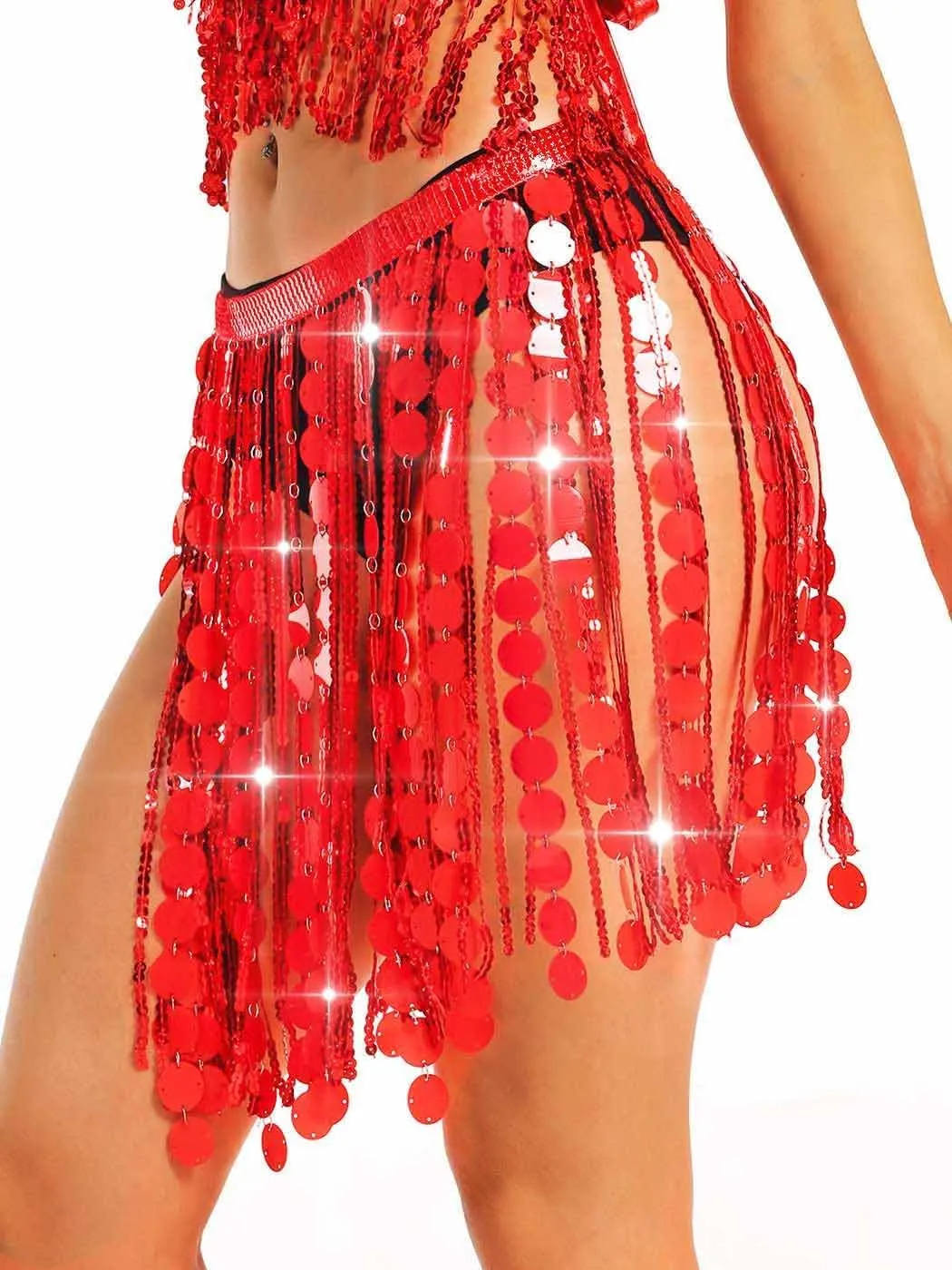 Aukmla Women Sparkly Sequin Belly Dance Skirt Fringe Festival Hip Scarf Dots Tassel Skirts