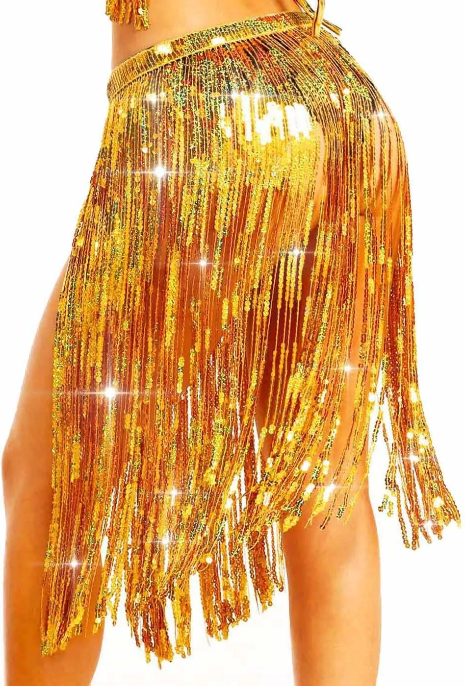 Aukmla Women Sparkly Sequin Tassel Skirt Belly Dance Hip Scarf Festival Fringe Wrap Skirts