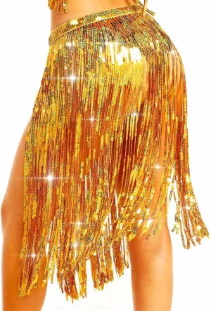 Aukmla Women Sparkly Sequin Tassel Skirt Belly Dance Hip Scarf Festival Fringe Wrap Skirts