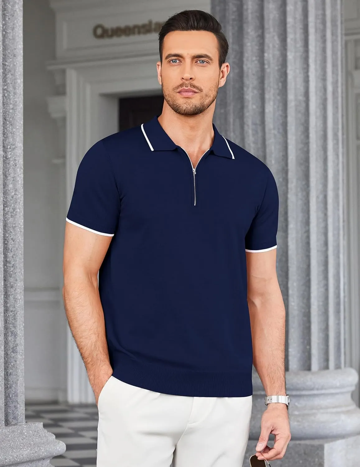 COOFANDY Men's Zipper Polo Shirt Casual Knit Short Sleeve Polo T Shirt Classic Fit Shirts