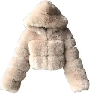 Faux Fur Coat Women Cropped Bubble Coats Fleece Short Warm Jackets Plus Size Winter Coats for Women with Hood