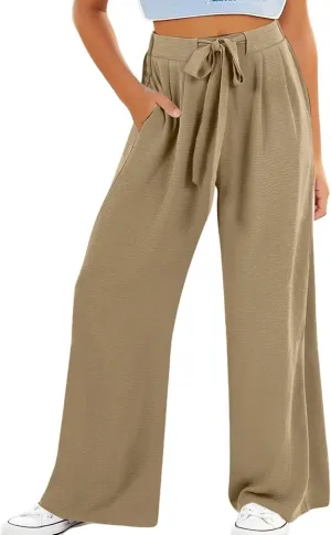Girls Flowy Wide Leg Lounge Pants with Pockets Teen Summer Drawstring Athletic Joggers Youth Casual Loose Fit Trousers