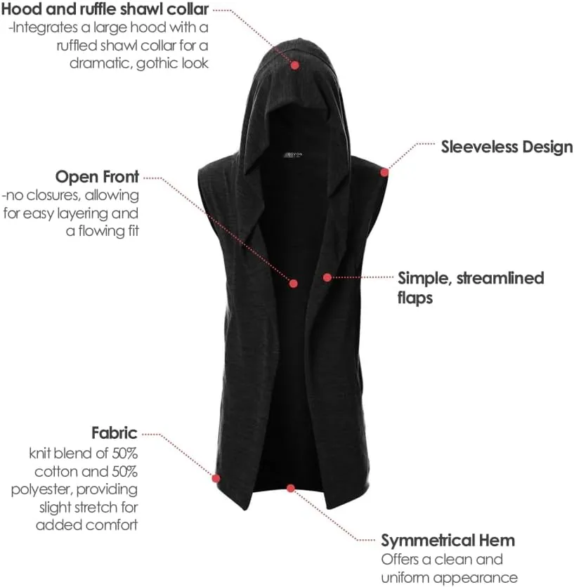 GIVON Mens Sleeveless Ruffle Shawl Collar Cardigan Lightweight Long Hooded Vest Sweater