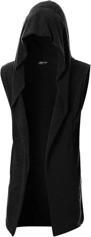 GIVON Mens Sleeveless Ruffle Shawl Collar Cardigan Lightweight Long Hooded Vest Sweater