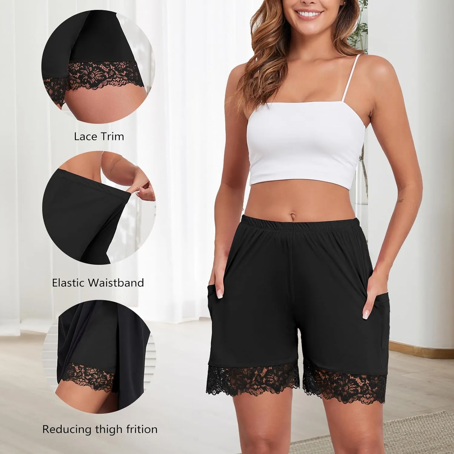H HIAMIGOS Slip Shorts For Under Dresses Bloomers For Women Lace Trim Pettipants With Pockets Satin Slip Shorts