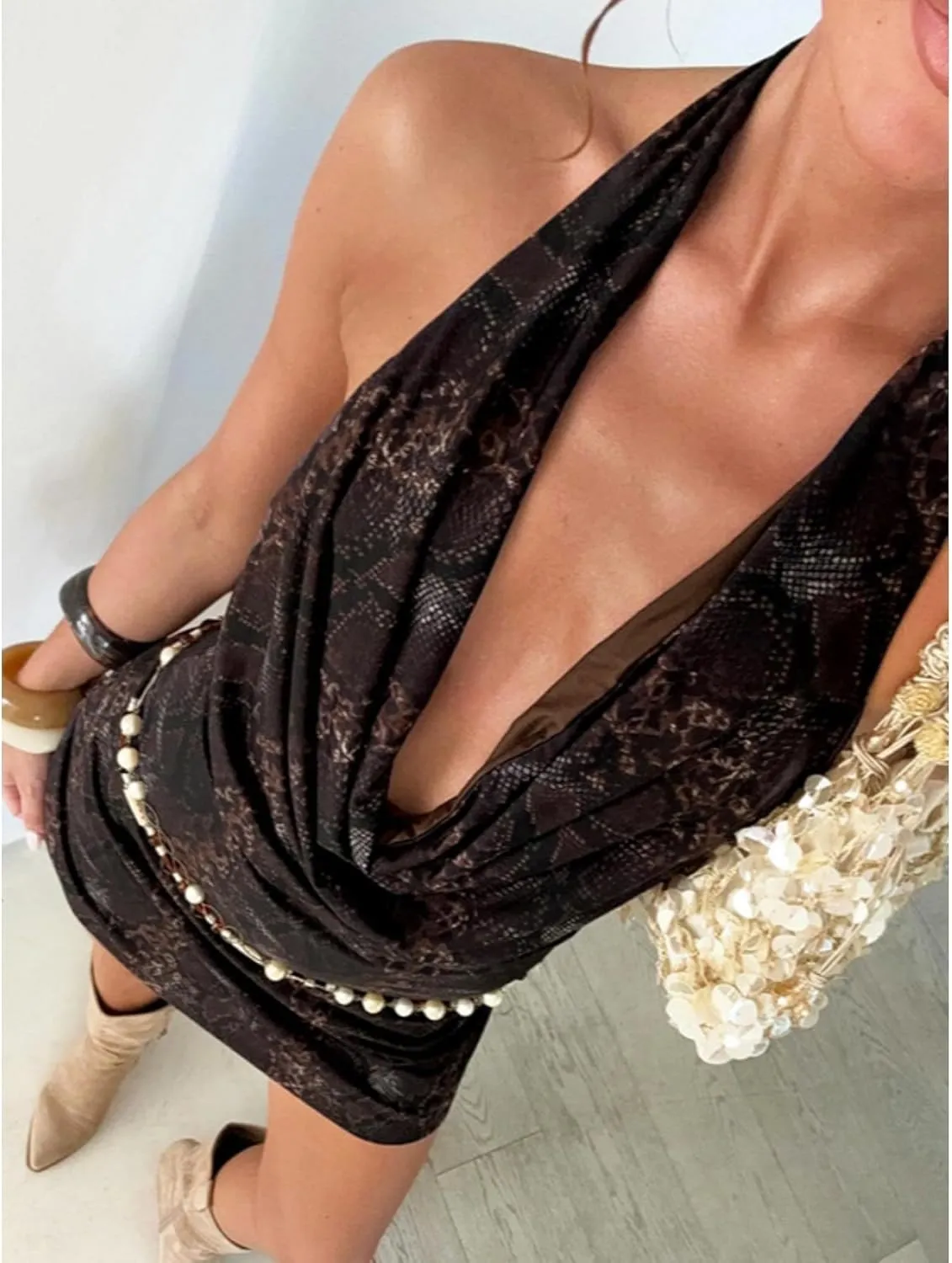 Halter Neck Backless Deep V Neck Sexy Ruched Asymmetrical Bodycon Dress Vacation Party Mini Dress Evening Club