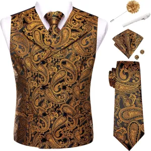Hi-Tie Double Breasted Suit Vest Men Paisley Floral Waistcoat Tie Lapel Pin Handkerchief Cufflinks Tie Clip Suit Tuxedo 6PCS