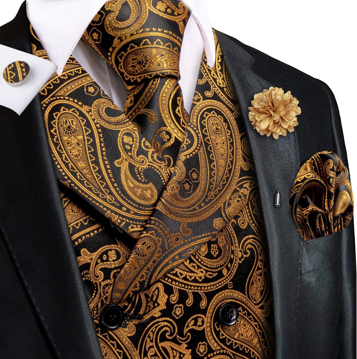 Hi-Tie Double Breasted Suit Vest Men Paisley Floral Waistcoat Tie Lapel Pin Handkerchief Cufflinks Tie Clip Suit Tuxedo 6PCS