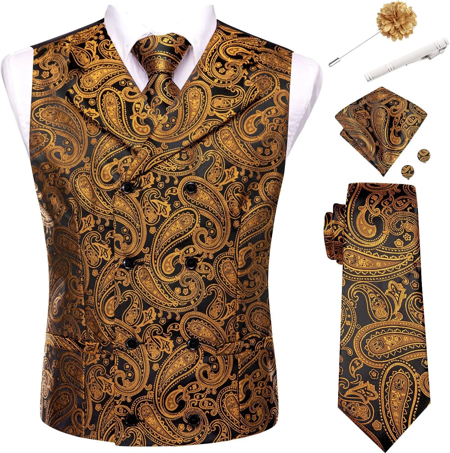 Hi-Tie Double Breasted Suit Vest Men Paisley Floral Waistcoat Tie Lapel Pin Handkerchief Cufflinks Tie Clip Suit Tuxedo 6PCS