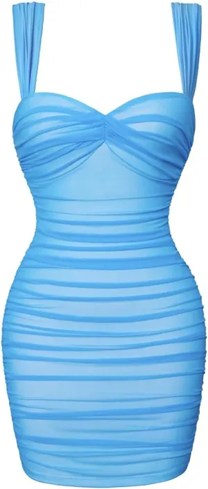 LAGSHIAN Women's Summer Sexy Bodycon Sleeveless Tank Straps Mesh Ruched Mini Party Dress