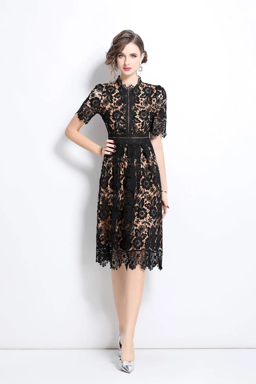 LAI MENG FIVE CATS Women's Short Sleeve Elegant Floral Lace Cocktail Party Swing Midi Dance Dress