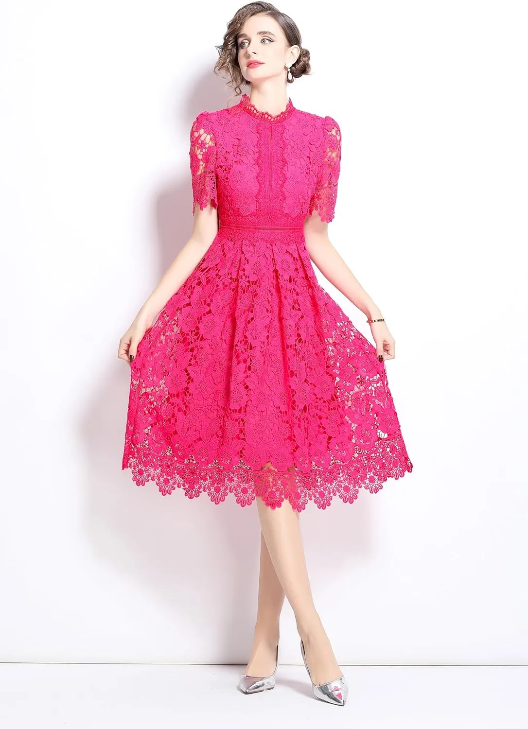LAI MENG FIVE CATS Women's Short Sleeve Elegant Floral Lace Cocktail Party Swing Midi Dance Dress