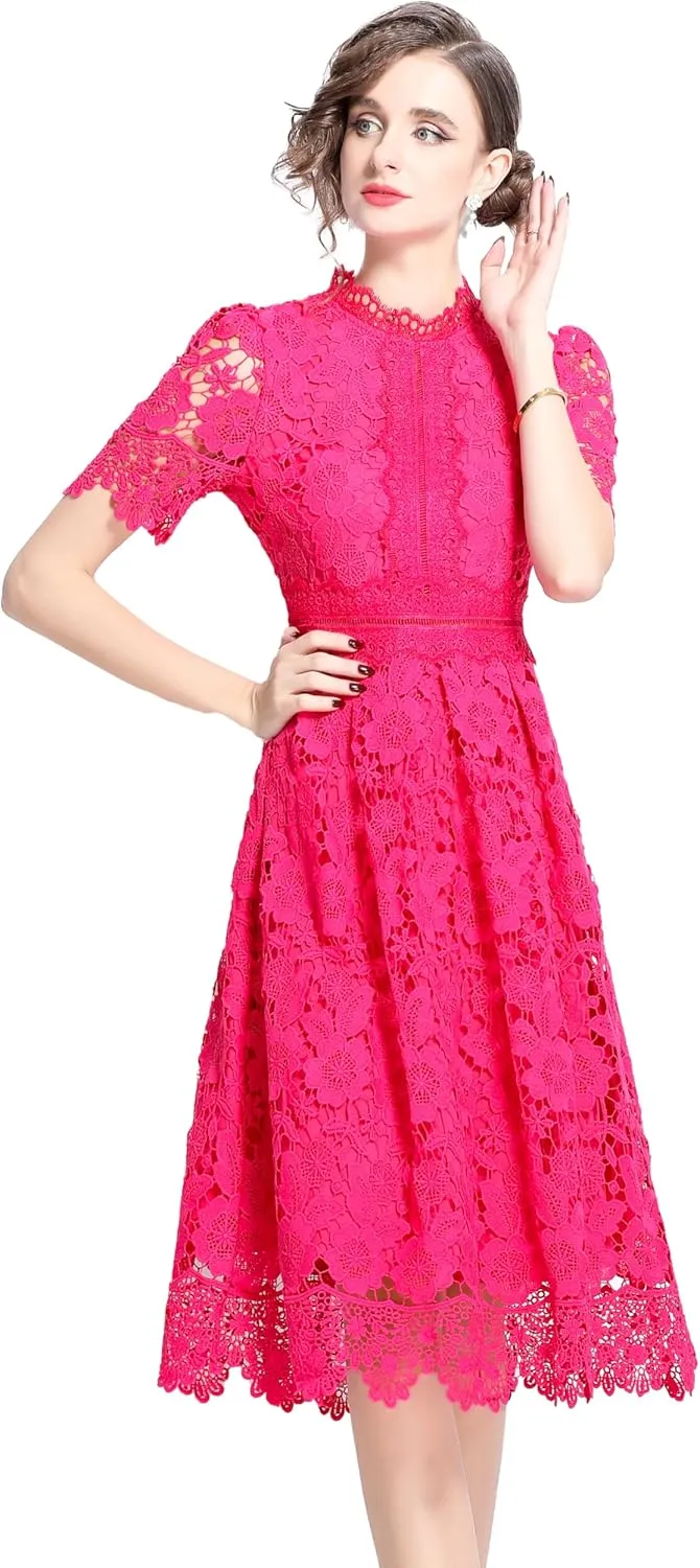 LAI MENG FIVE CATS Women's Short Sleeve Elegant Floral Lace Cocktail Party Swing Midi Dance Dress