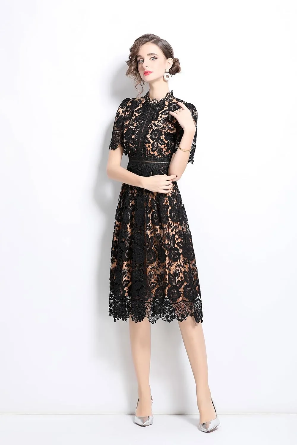 LAI MENG FIVE CATS Women's Short Sleeve Elegant Floral Lace Cocktail Party Swing Midi Dance Dress