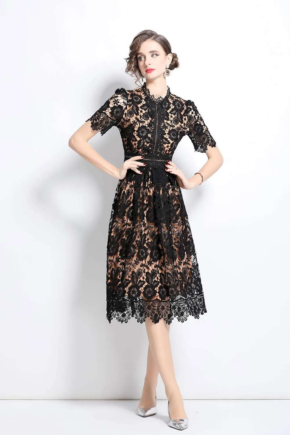 LAI MENG FIVE CATS Women's Short Sleeve Elegant Floral Lace Cocktail Party Swing Midi Dance Dress