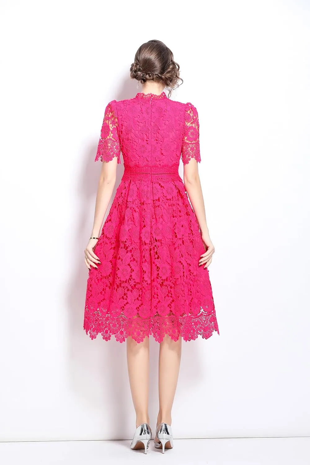 LAI MENG FIVE CATS Women's Short Sleeve Elegant Floral Lace Cocktail Party Swing Midi Dance Dress