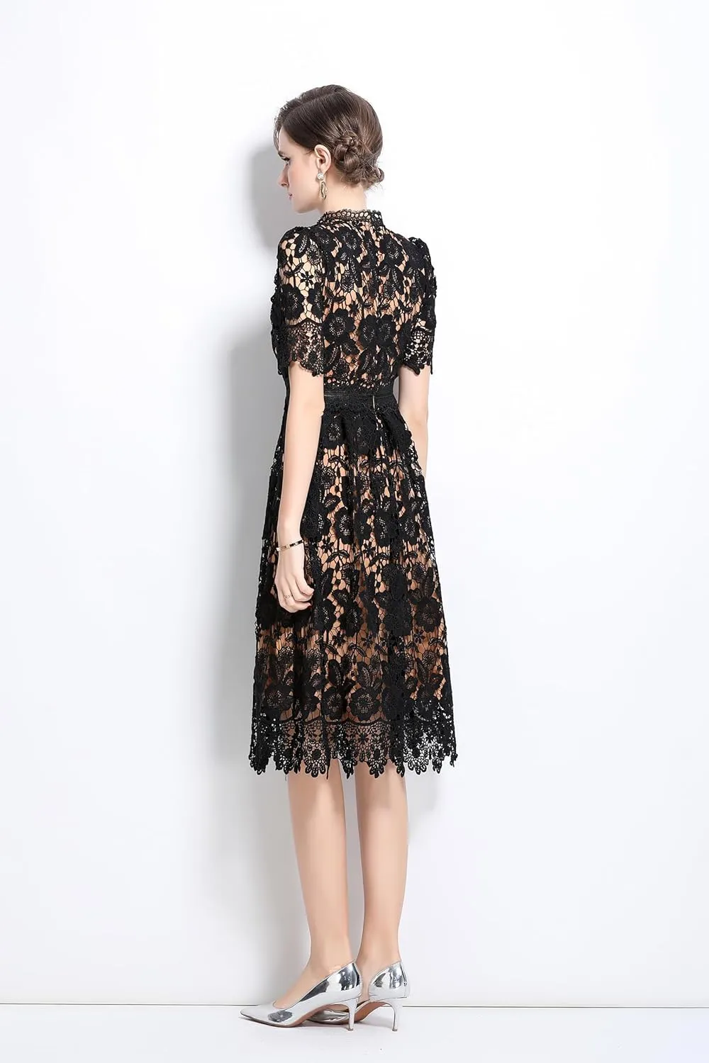 LAI MENG FIVE CATS Women's Short Sleeve Elegant Floral Lace Cocktail Party Swing Midi Dance Dress