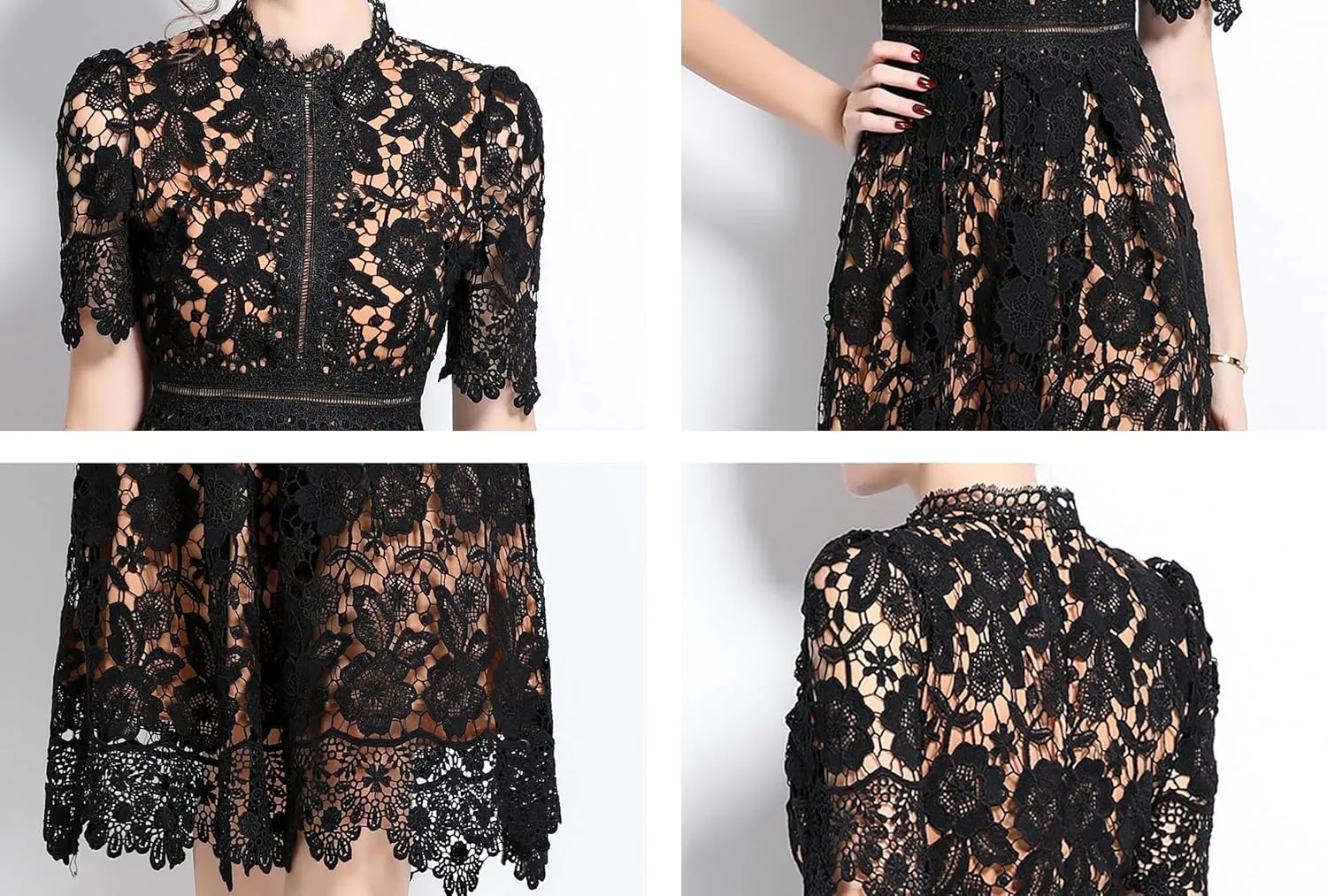 LAI MENG FIVE CATS Women's Short Sleeve Elegant Floral Lace Cocktail Party Swing Midi Dance Dress