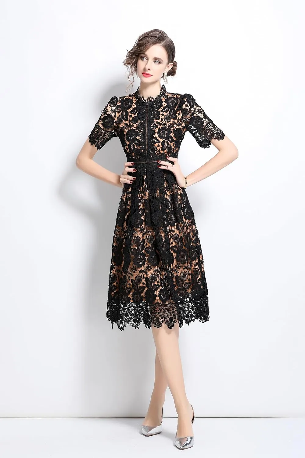 LAI MENG FIVE CATS Women's Short Sleeve Elegant Floral Lace Cocktail Party Swing Midi Dance Dress