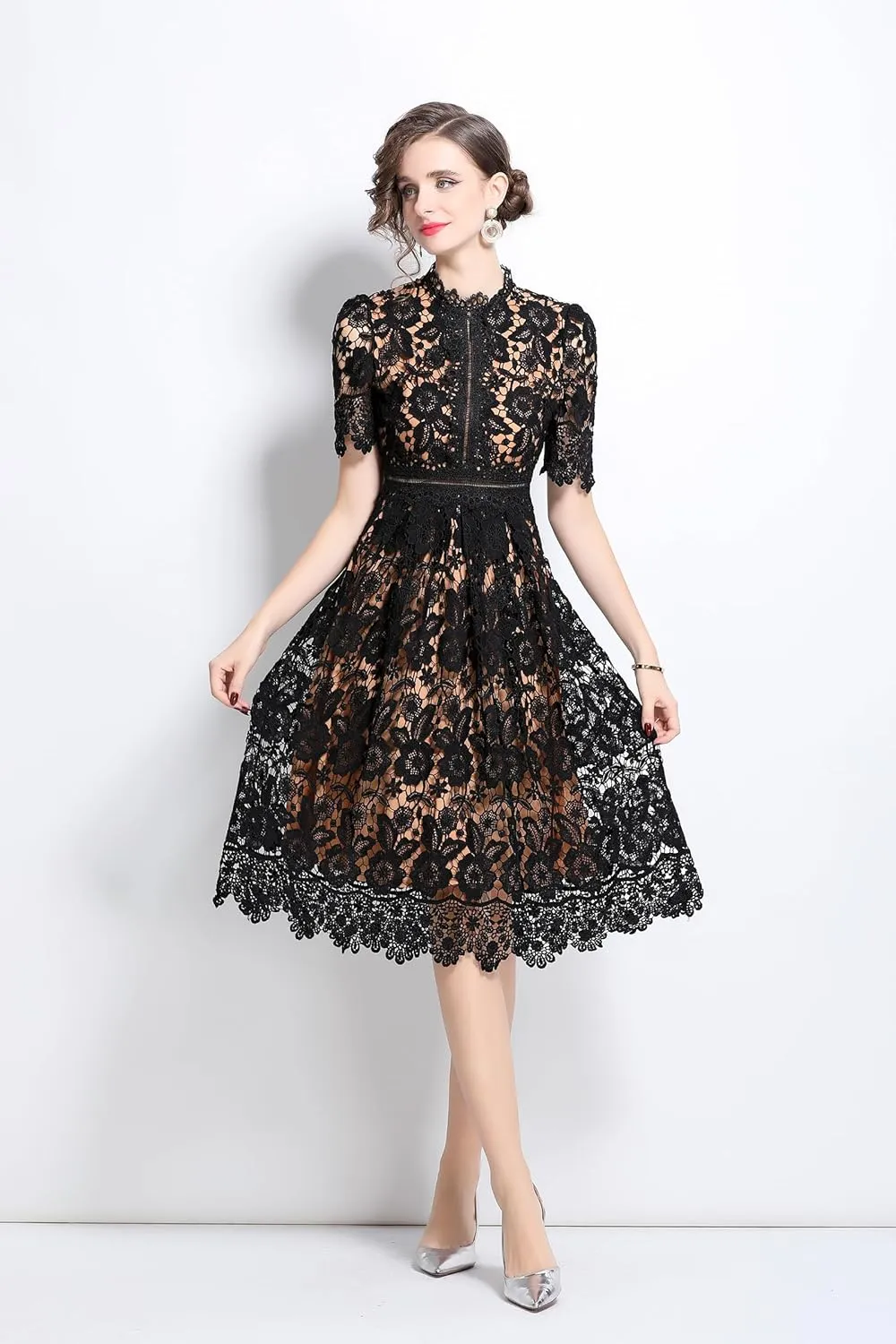 LAI MENG FIVE CATS Women's Short Sleeve Elegant Floral Lace Cocktail Party Swing Midi Dance Dress