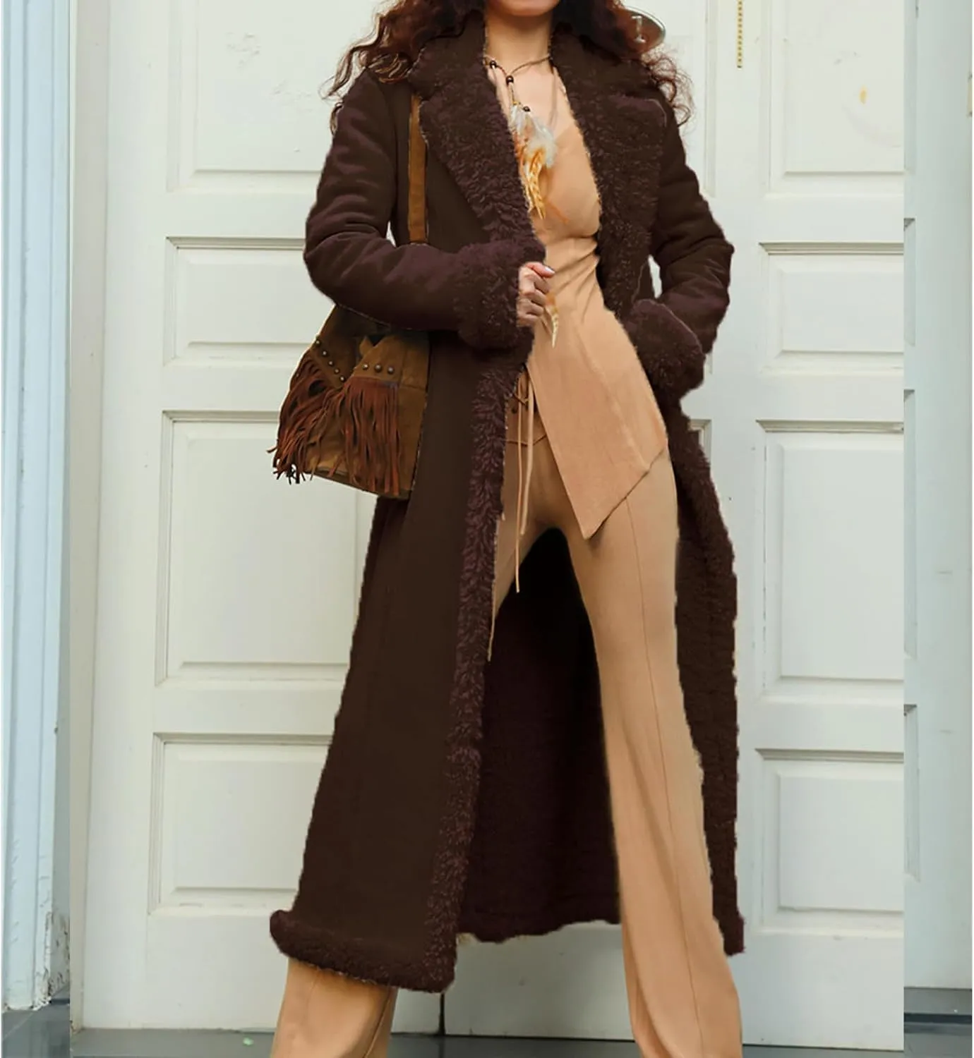Long Jackets for Women Trendy Winter Open Front Cardigan Faux Fur Warm Trim Parka Outwear Casual Loose with Pockets