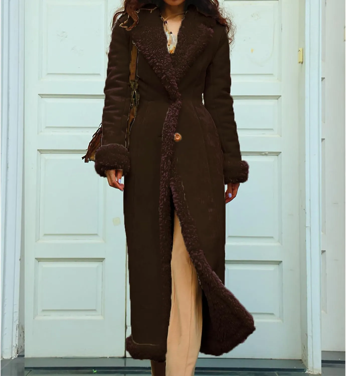 Long Jackets for Women Trendy Winter Open Front Cardigan Faux Fur Warm Trim Parka Outwear Casual Loose with Pockets