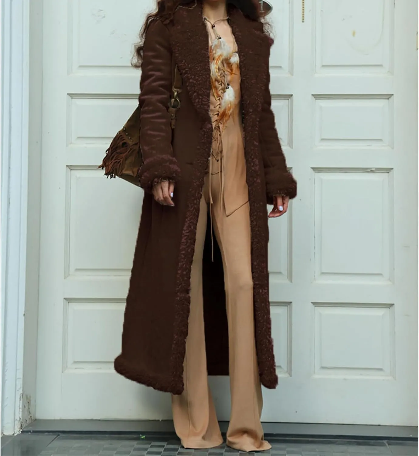 Long Jackets for Women Trendy Winter Open Front Cardigan Faux Fur Warm Trim Parka Outwear Casual Loose with Pockets