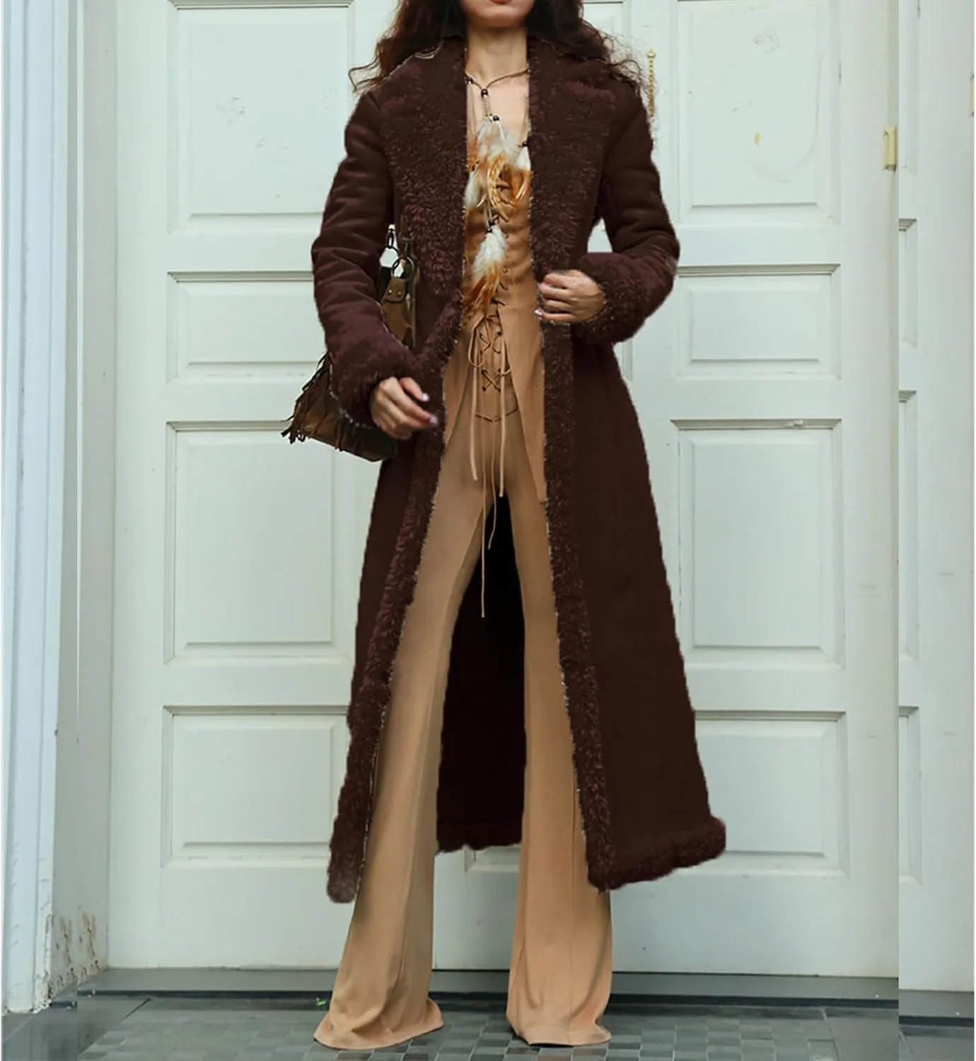 Long Jackets for Women Trendy Winter Open Front Cardigan Faux Fur Warm Trim Parka Outwear Casual Loose with Pockets