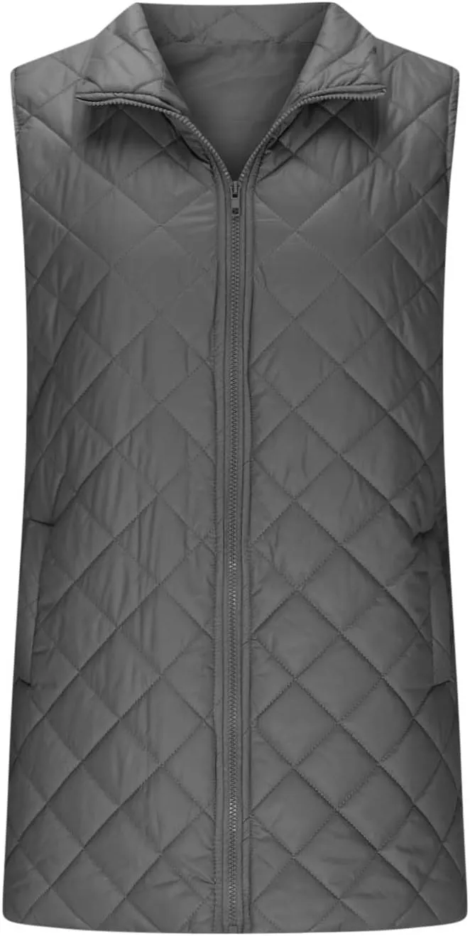 Long Puffer Vest Women Lightweight Quilted Sleeveless Stand Collar Zip Up Puffy Jacket with Pockets Winter Outerwear