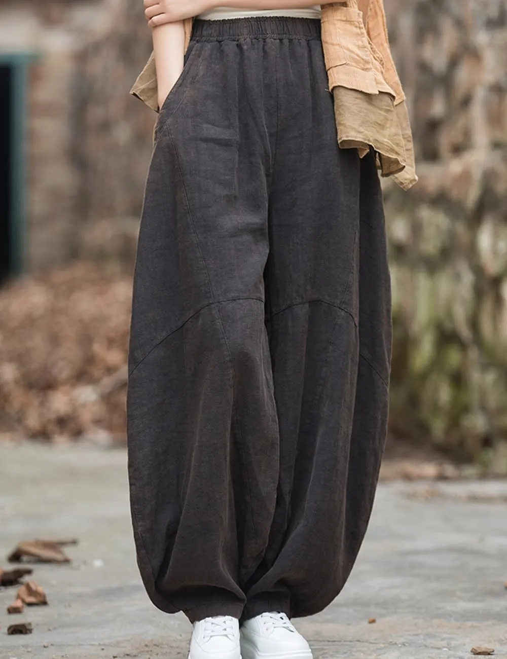 LUZU JUNU Women's Vintage Cotton Linen Baggy Pants Elastic Waist Wide Leg Lantern Casual Trousers Loose Fit