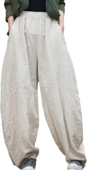 LUZU JUNU Women's Vintage Cotton Linen Baggy Pants Elastic Waist Wide Leg Lantern Casual Trousers Loose Fit