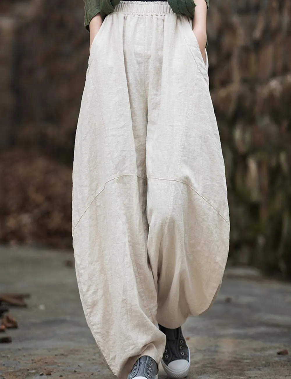 LUZU JUNU Women's Vintage Cotton Linen Baggy Pants Elastic Waist Wide Leg Lantern Casual Trousers Loose Fit