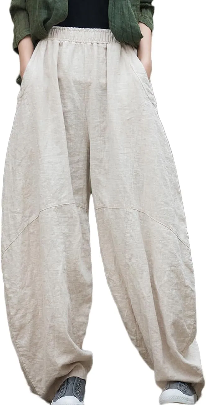 LUZU JUNU Women's Vintage Cotton Linen Baggy Pants Elastic Waist Wide Leg Lantern Casual Trousers Loose Fit