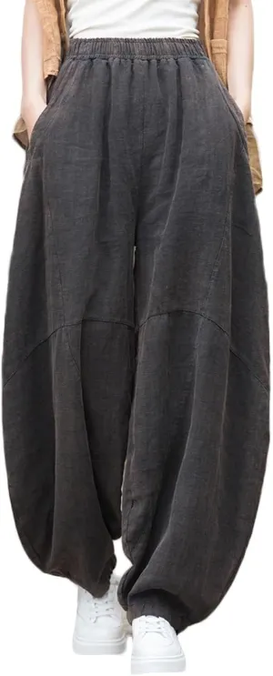 LUZU JUNU Women's Vintage Cotton Linen Baggy Pants Elastic Waist Wide Leg Lantern Casual Trousers Loose Fit