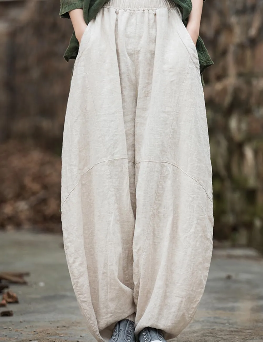 LUZU JUNU Women's Vintage Cotton Linen Baggy Pants Elastic Waist Wide Leg Lantern Casual Trousers Loose Fit